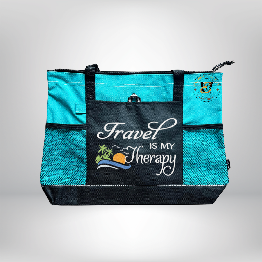 Turquoise Travel Is My Therapy Embroidered Traveling Totes