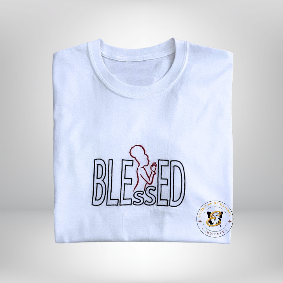 women's white embroidered blessed woman praying t-shirt