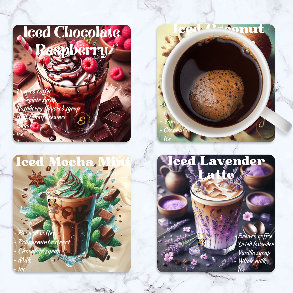 4-Piece Set Herbal & Fruity Mixed Flavored Ice-Coffee Recipe Coasters