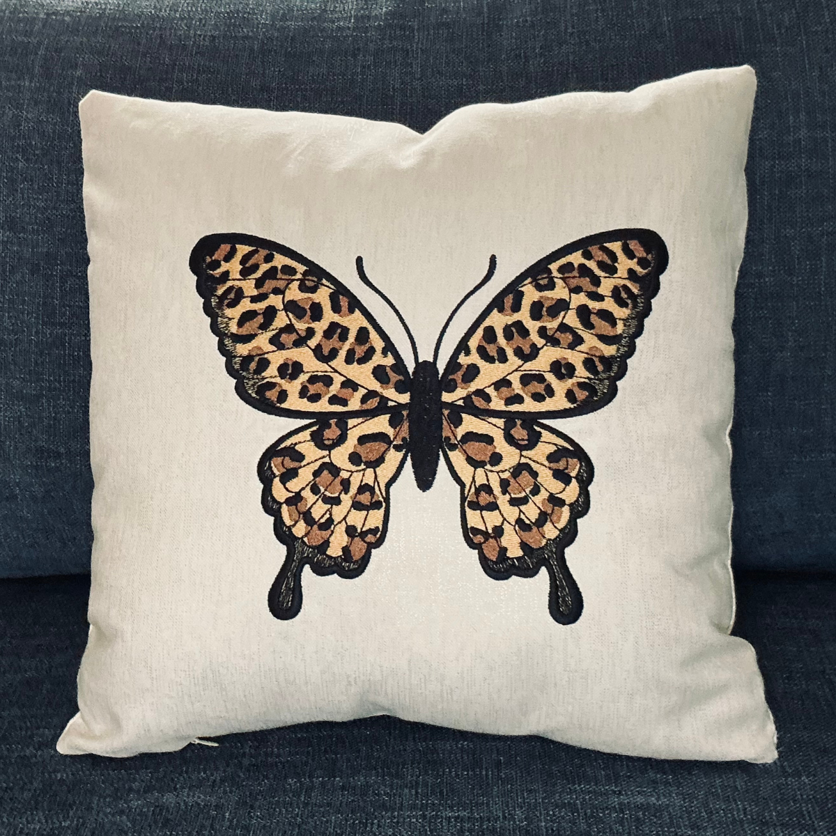 Leopard Print Embroidered Butterfly Pillow Cover - 18" x 18"