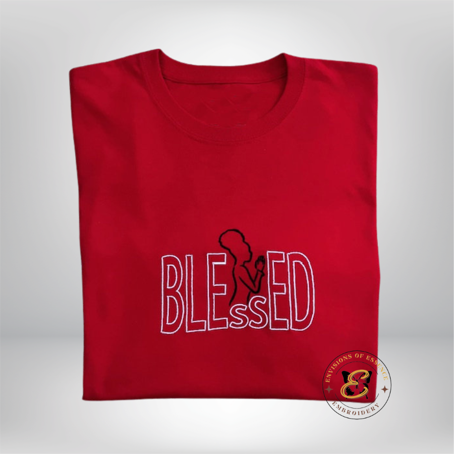women's red embroidered blessed woman praying t-shirt