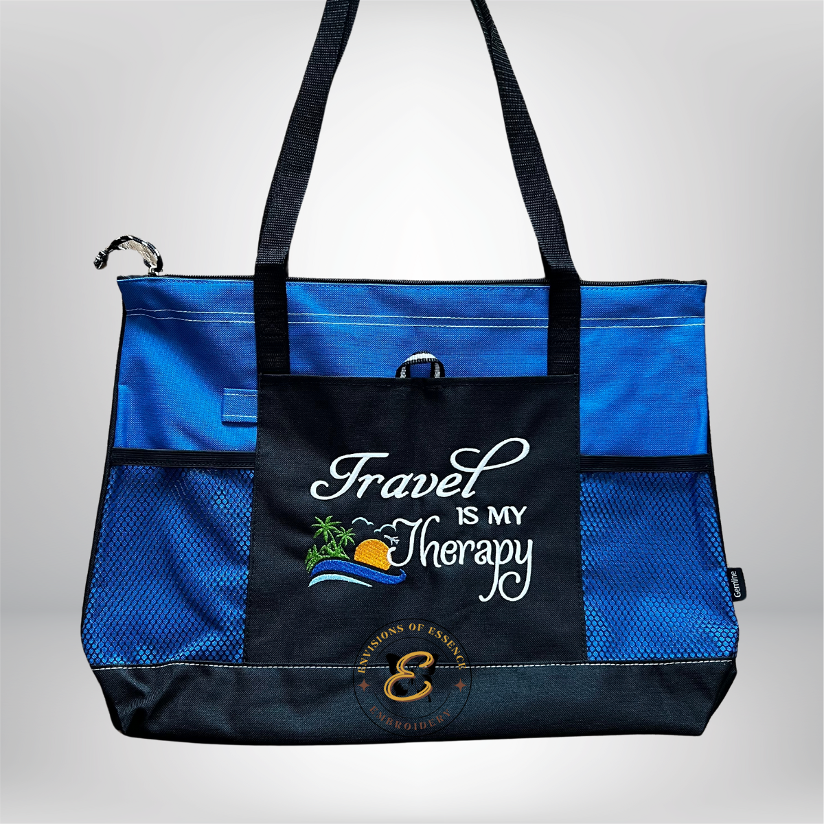 Blue Travel Is My Therapy Embroidered Traveling Totes