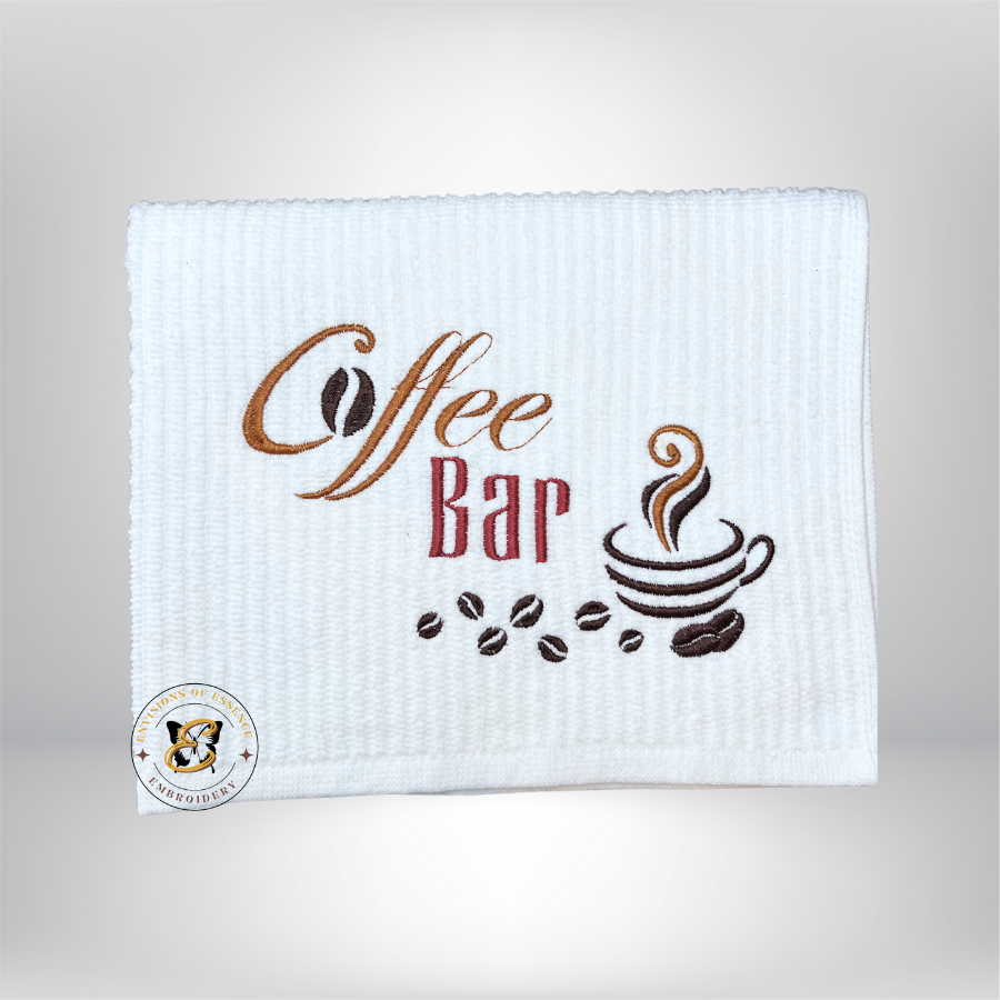 white embroidered coffee bar towel mats