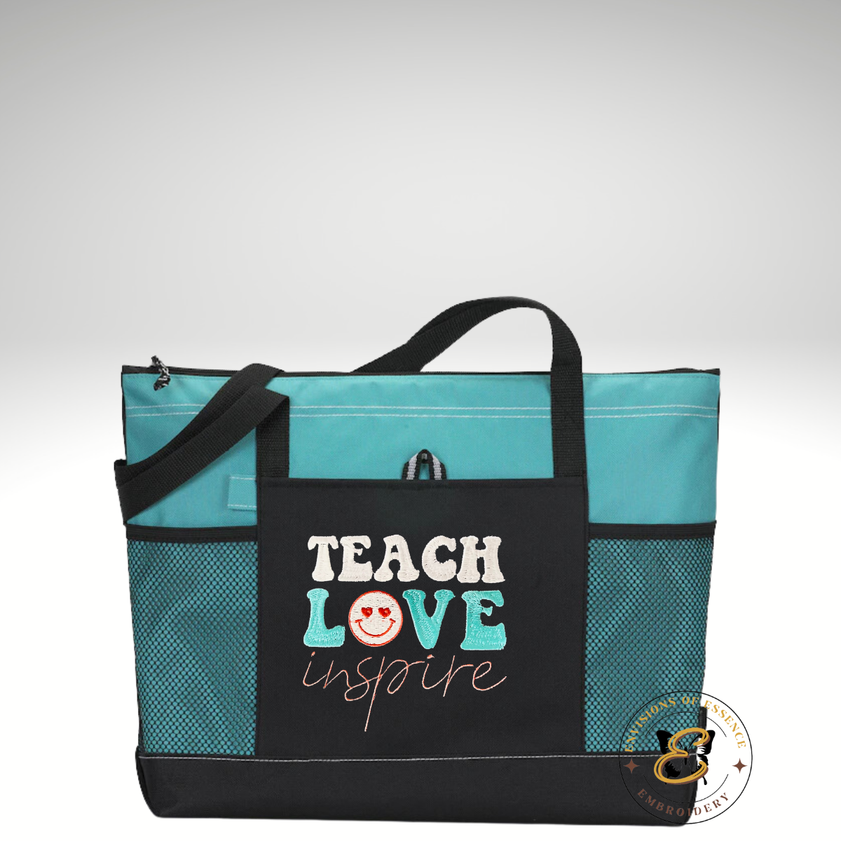 Embroidered Teach Love Inspire Teacher's Inspirational Zippered Tote with Pockets