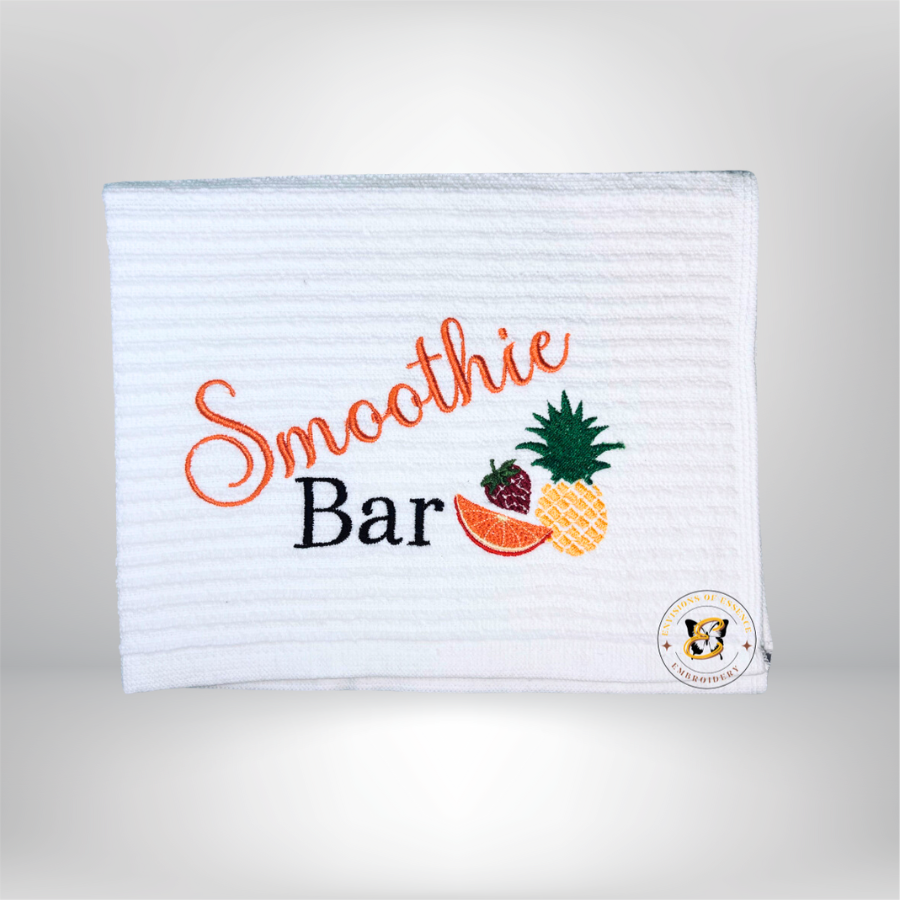 white embroidered smoothie bar mat towels