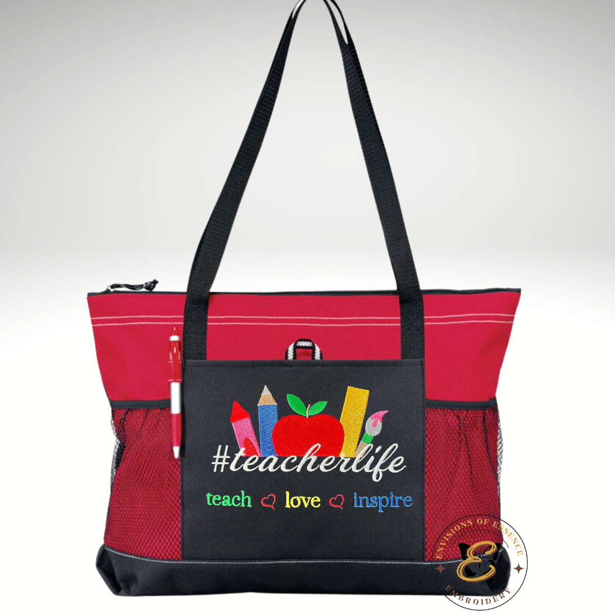 Embroidered #Teacher Life Inspirational Zippered Tote with Pockets