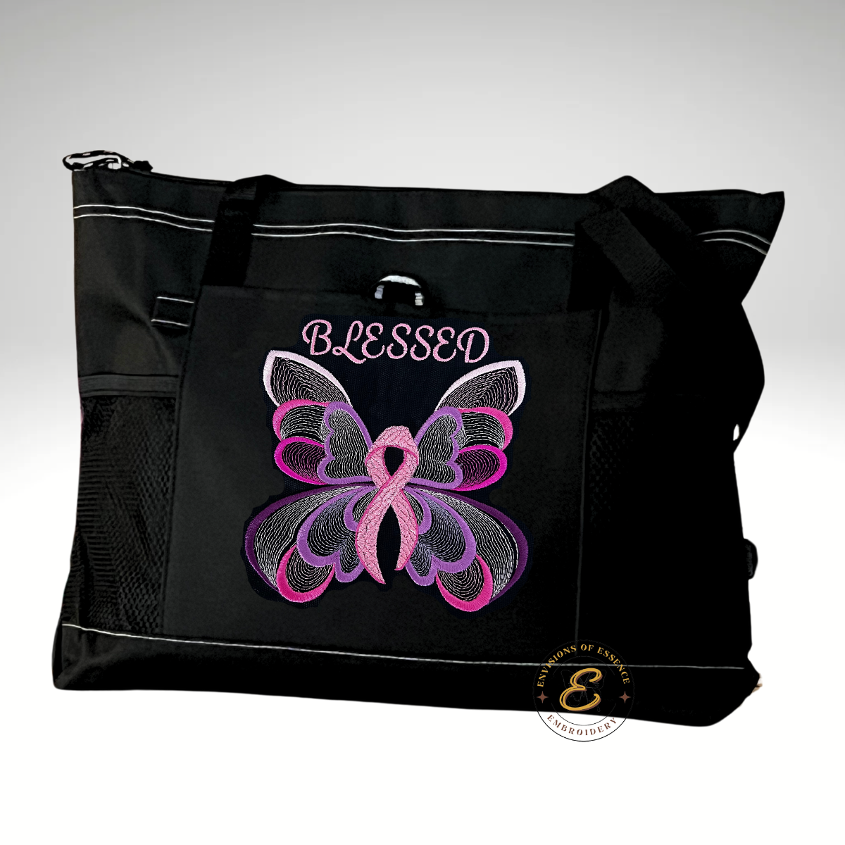 BLESSED Embroidered Pink Ribbon Butterfly Breast Cancer Awareness Large Totes