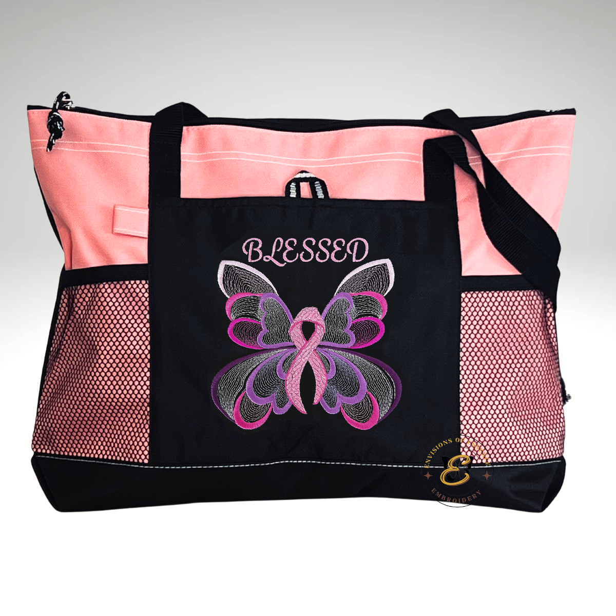 BLESSED Embroidered Pink Ribbon Butterfly Breast Cancer Awareness Large Totes