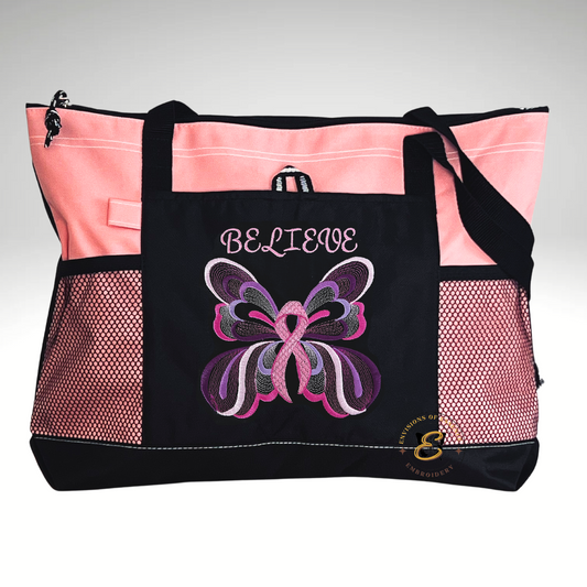 BELIEVE Embroidered Pink Ribbon Butterfly Breast Cancer Awareness Large Totes