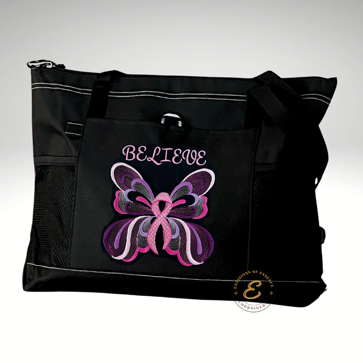 BELIEVE Embroidered Pink Ribbon Butterfly Breast Cancer Awareness Large Totes