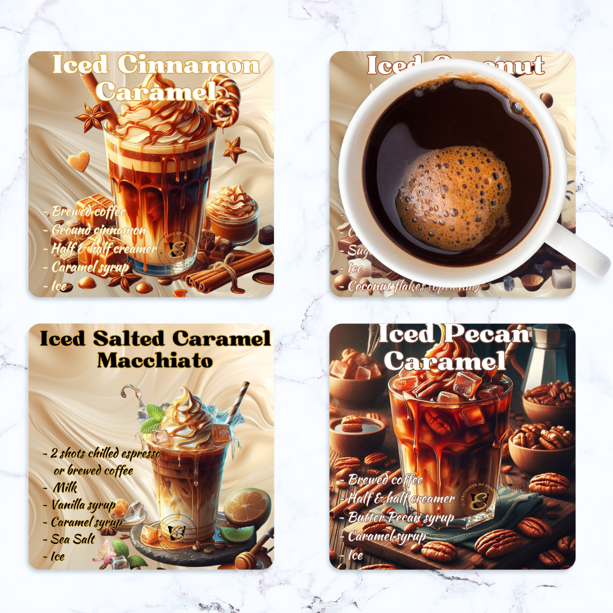 4-Piece Set Caramel Flavored Ice-Coffee Recipe Coasters