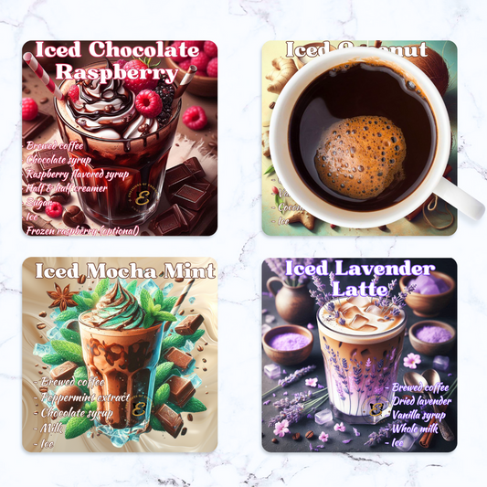 4-Piece Set Herbal & Fruity Mixed Flavored Ice-Coffee Recipe Coasters