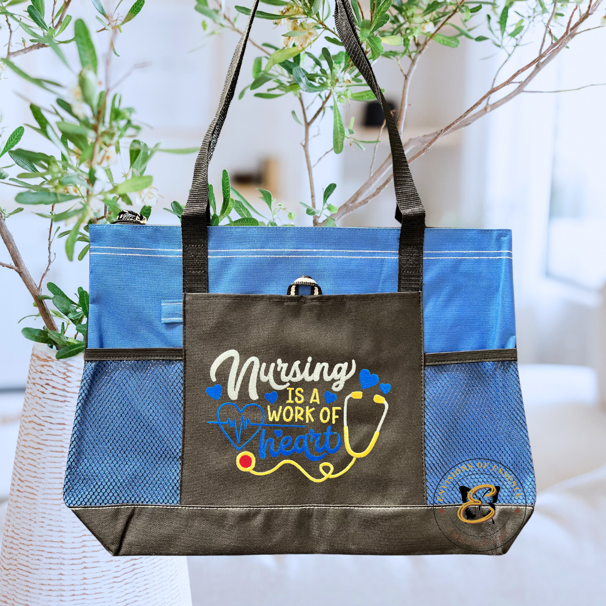 Nursing Is A Work of Heart Inspirational Zippered Tote with Pockets