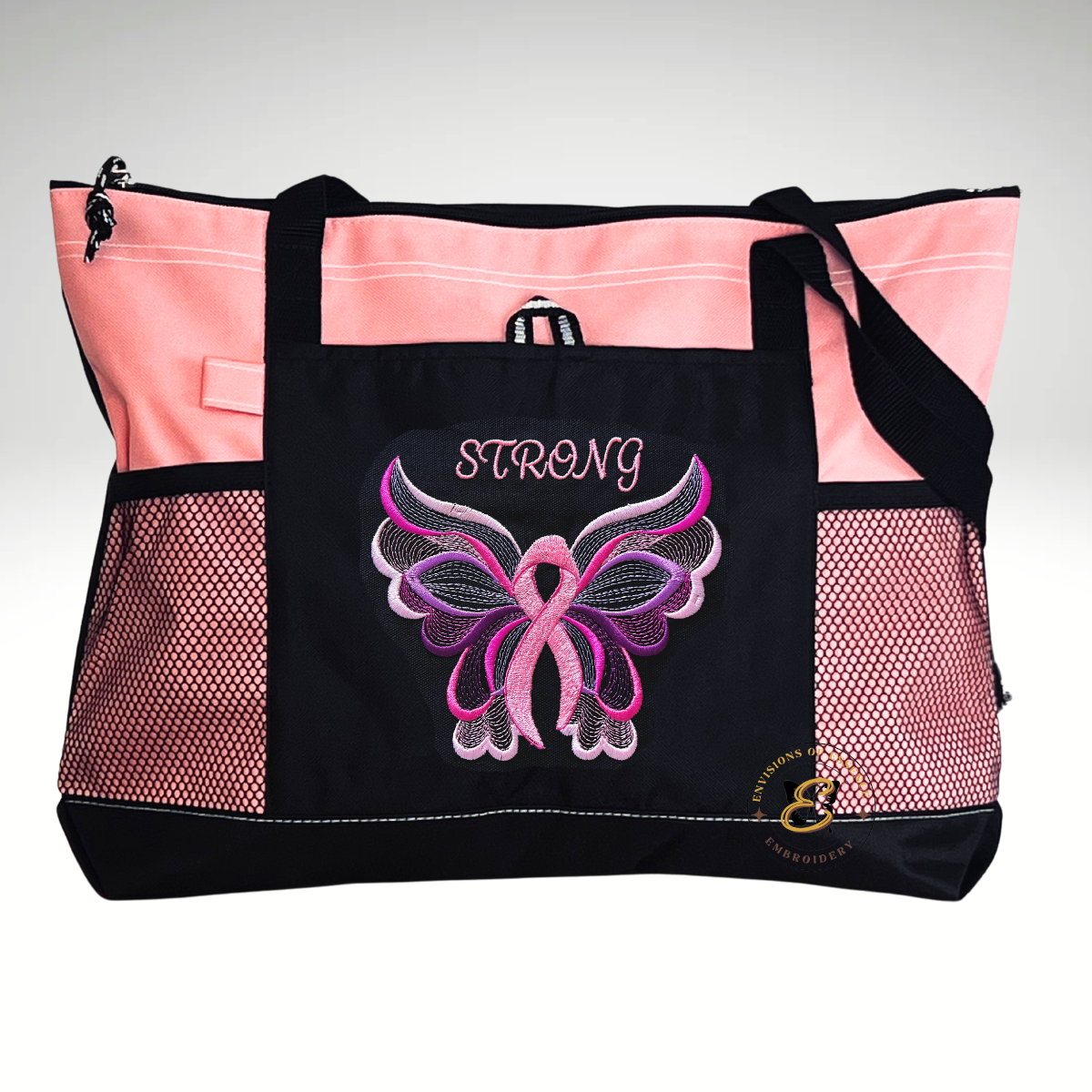 STRONG Embroidered Pink Ribbon Butterfly Breast Cancer Awareness Large Totes