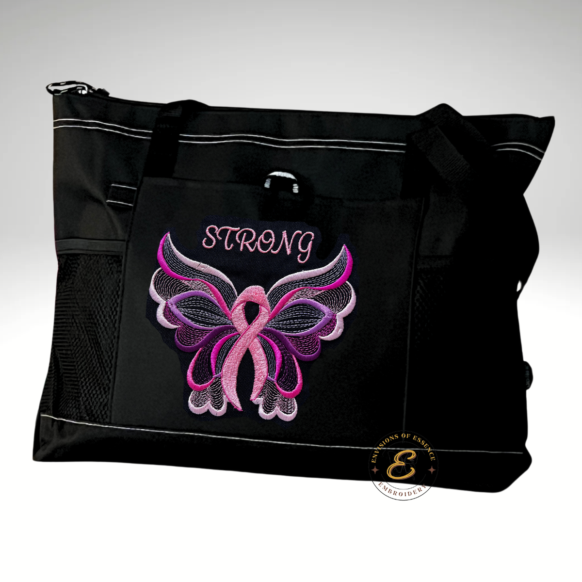 STRONG Embroidered Pink Ribbon Butterfly Breast Cancer Awareness Large Totes