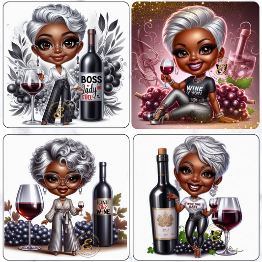 4-Piece Black Woman Grey Hair Wine Coaster Set