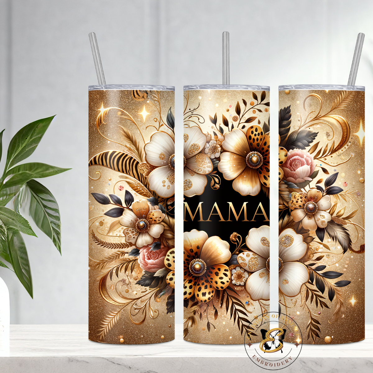 MAMA Themed Animal Print Floral Design Black Background 20oz Skinny Tumblers