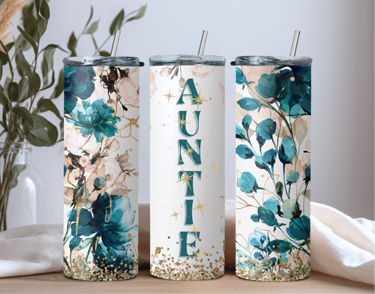 Auntie-Themed Blue and Gold Floral Tumblers