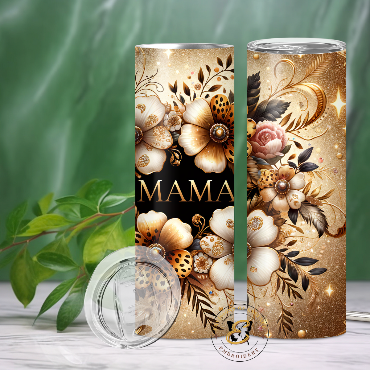 MAMA Themed Animal Print Floral Design Black Background 20oz Skinny Tumblers