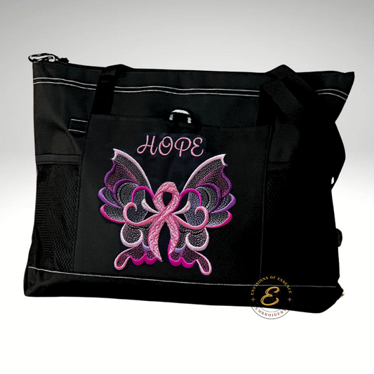 HOPE Embroidered Pink Ribbon Butterfly Breast Cancer Awareness Large Totes