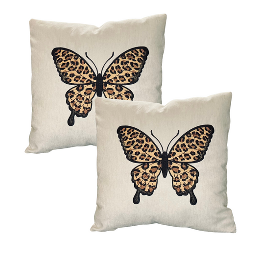 Leopard Print Embroidered Butterfly Pillow Cover - 18" x 18"