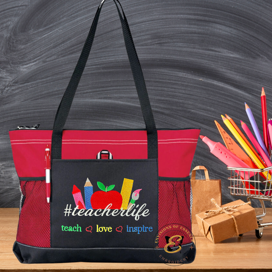 Teacher Life Inspirational Zippered Tote with Pockets