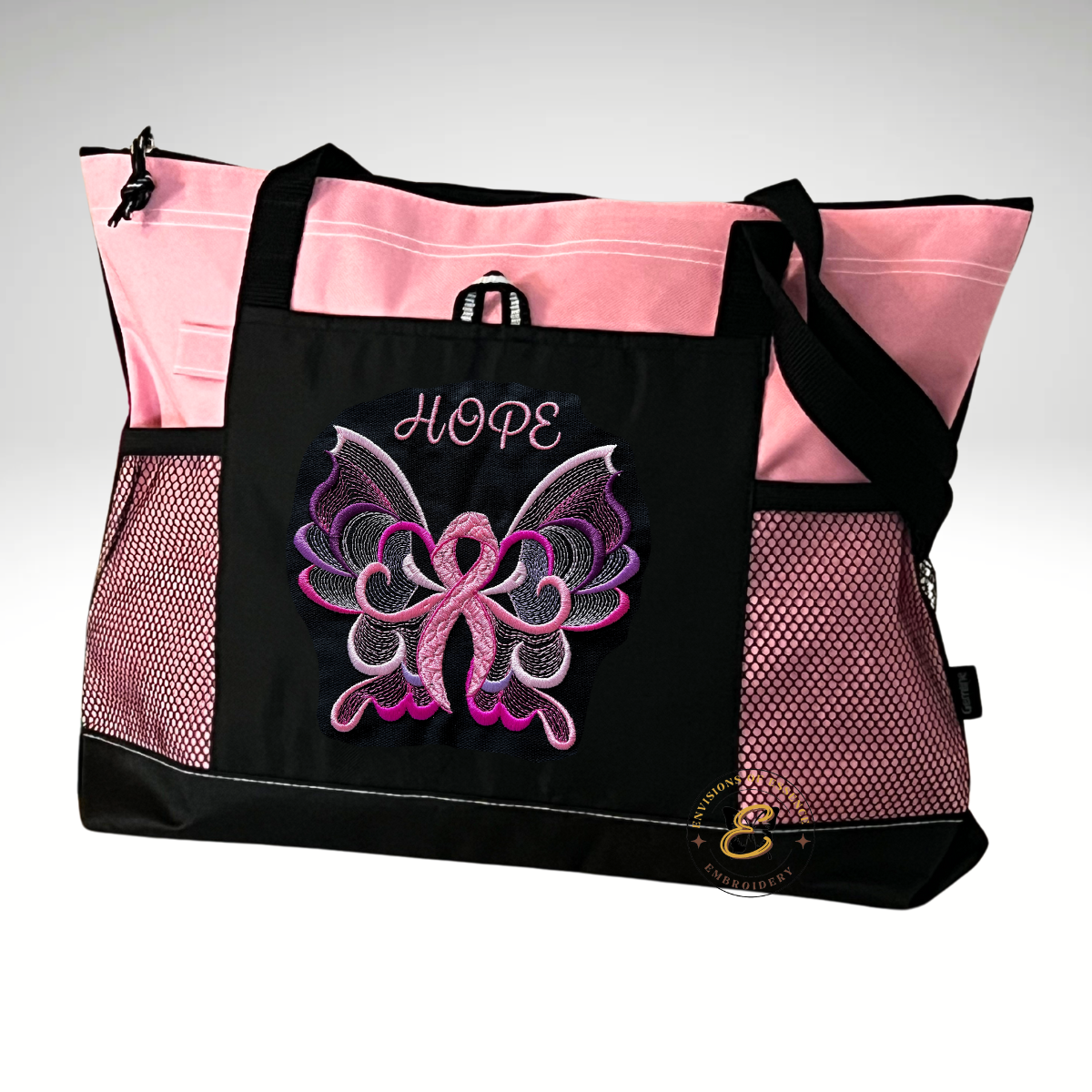 HOPE Embroidered Pink Ribbon Butterfly Breast Cancer Awareness Large Totes