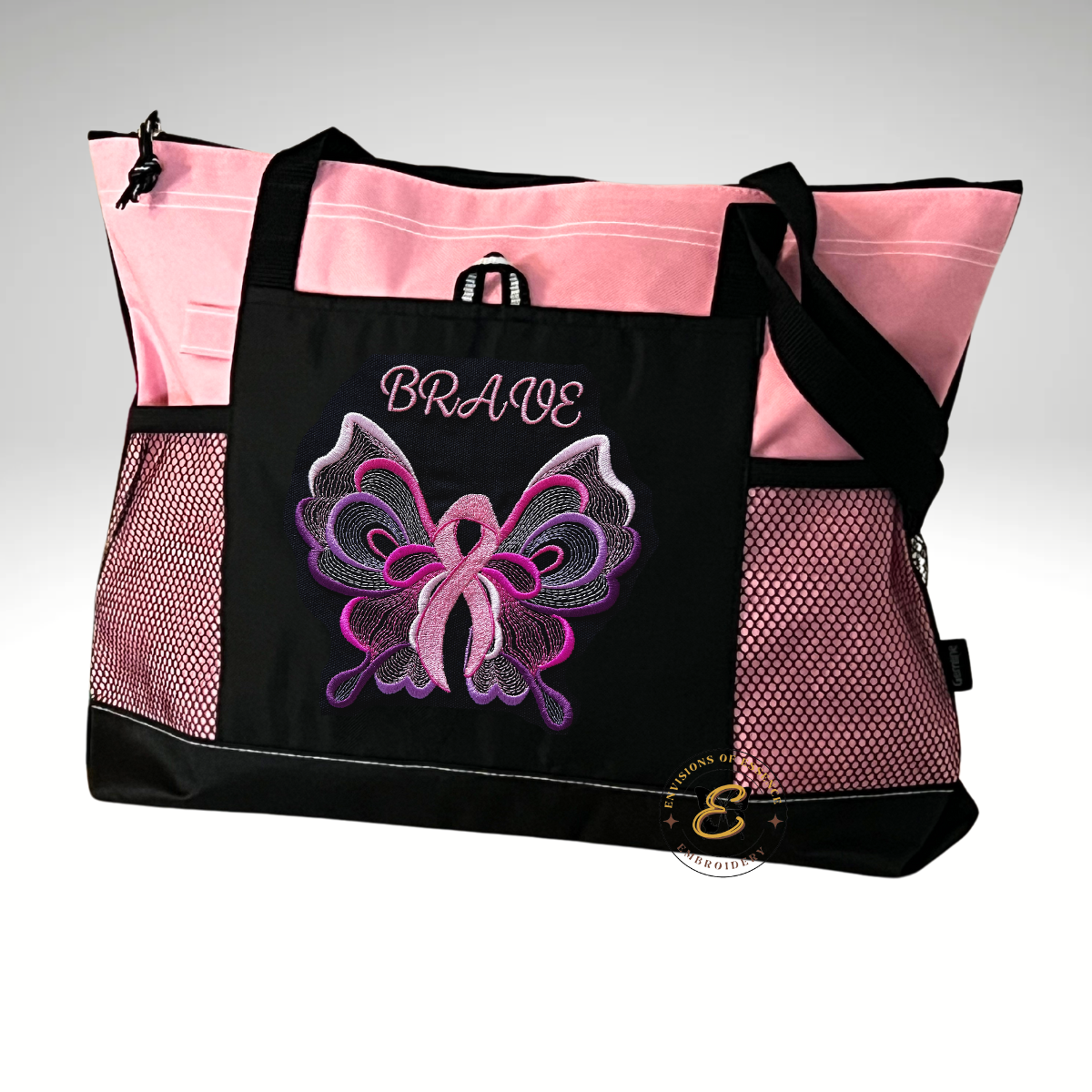 BRAVE Embroidered Pink Ribbon Butterfly Breast Cancer Awareness Large Totes