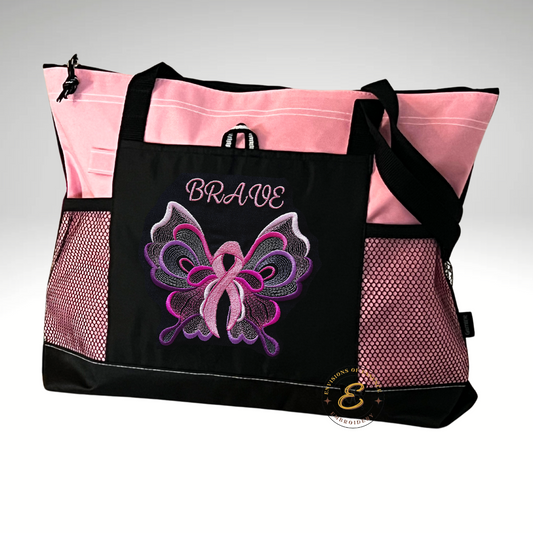 BRAVE Embroidered Pink Ribbon Butterfly Breast Cancer Awareness Large Totes