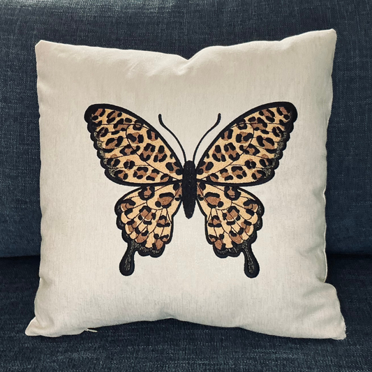 Leopard Print Embroidered Butterfly Pillow Cover - 18" x 18"