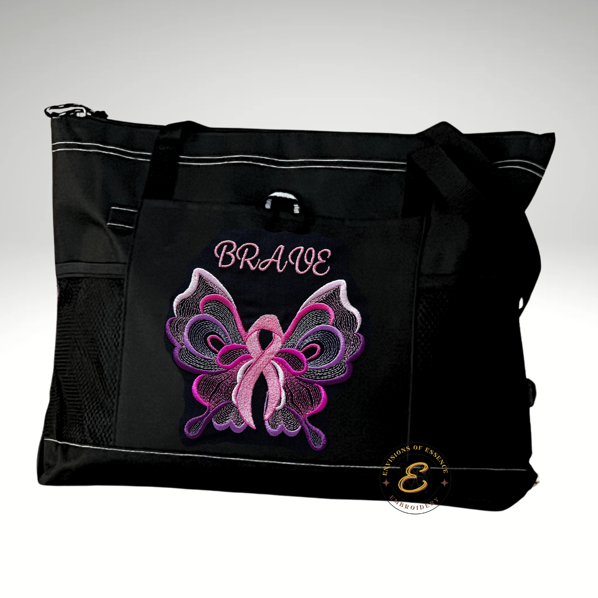 BRAVE Embroidered Pink Ribbon Butterfly Breast Cancer Awareness Large Totes