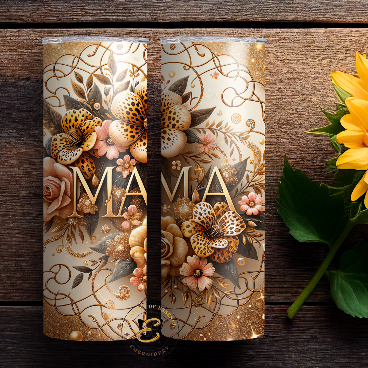 MAMA Themed Animal Print Floral Circle Design 20oz Skinny Tumblers