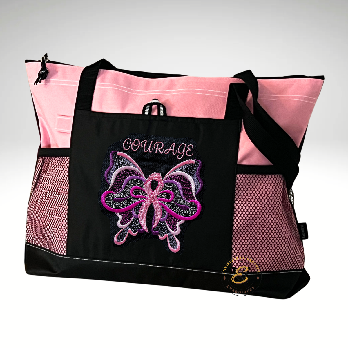 COURAGE Embroidered Pink Ribbon Butterfly Breast Cancer Awareness Large Totes