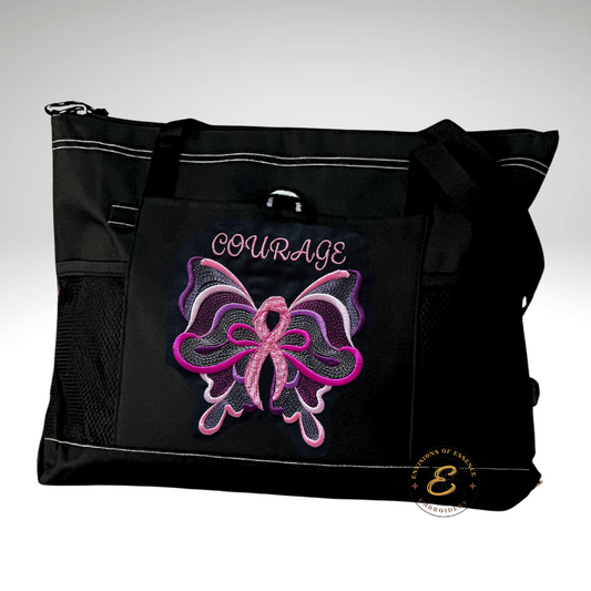 COURAGE Embroidered Pink Ribbon Butterfly Breast Cancer Awareness Large Totes