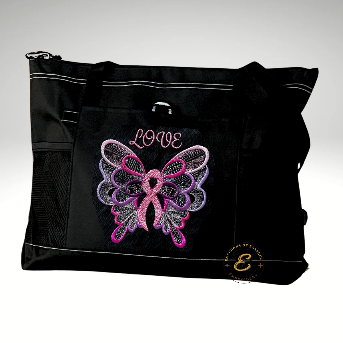 LOVE Embroidered Pink Ribbon Butterfly Breast Cancer Awareness Large Totes