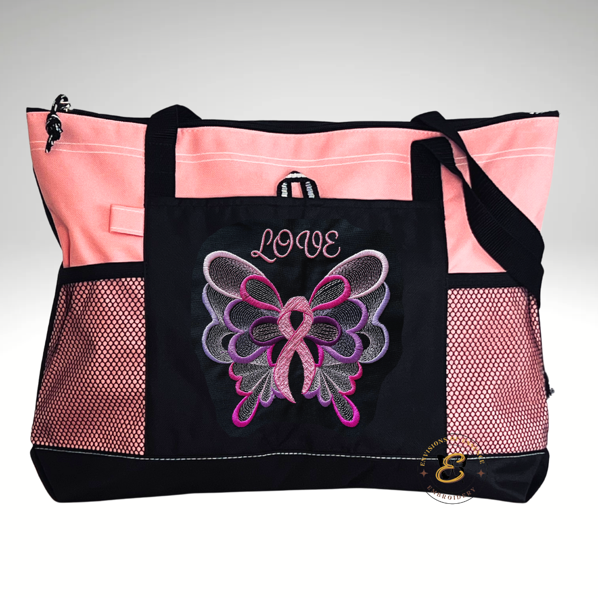 LOVE Embroidered Pink Ribbon Butterfly Breast Cancer Awareness Large Totes