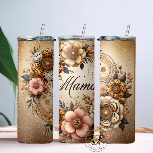 MAMA Themed Animal Print and Pink Floral Design 20oz Skinny Tumblers