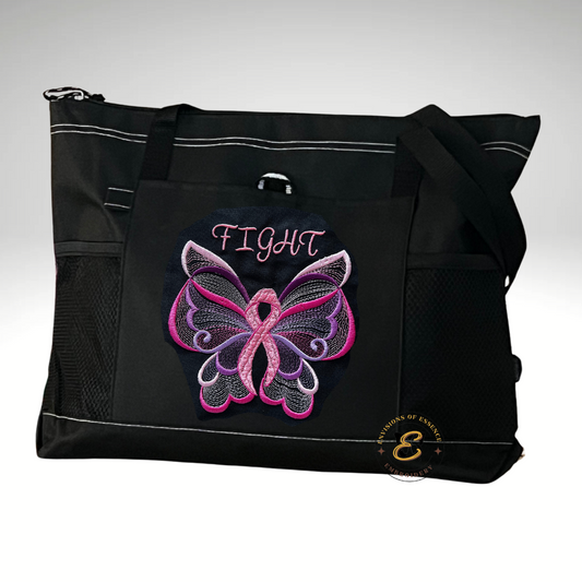 FIGHT Embroidered Pink Ribbon Butterfly Breast Cancer Awareness Large Totes