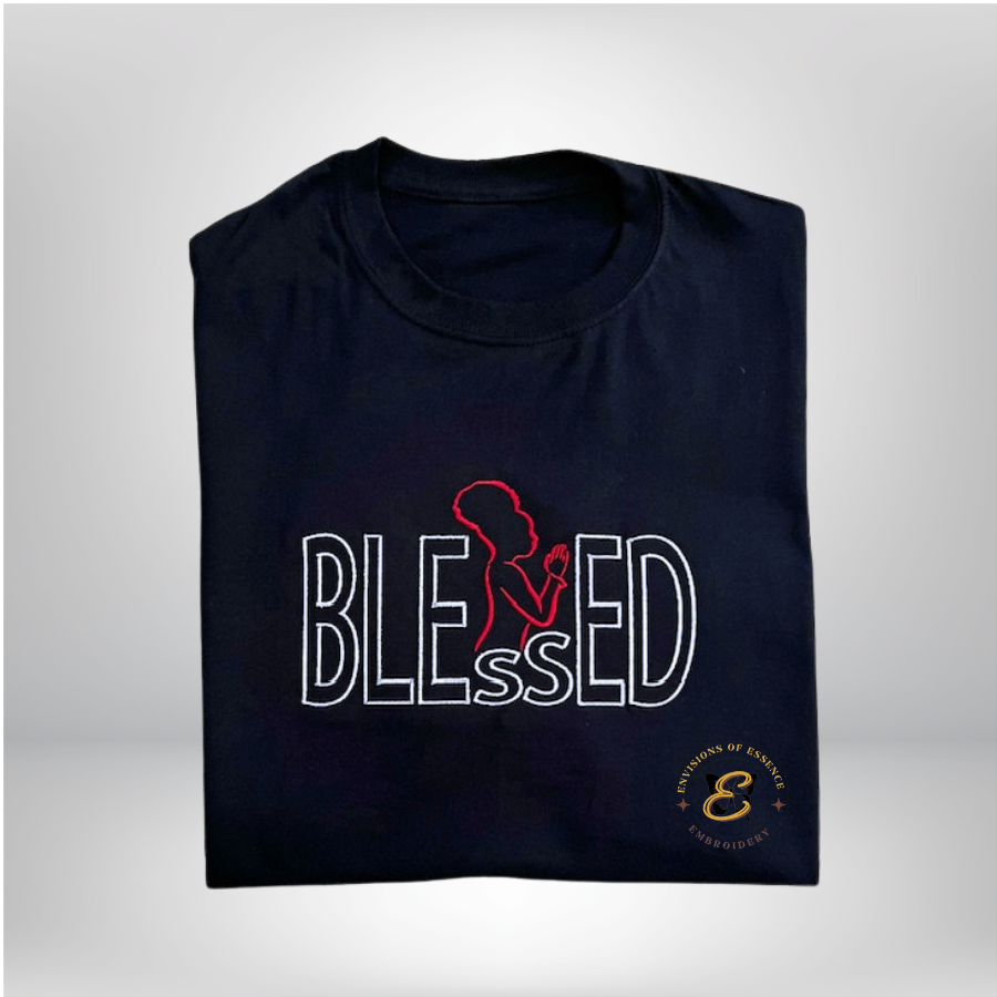 women's black embroidered blessed woman praying t-shirt