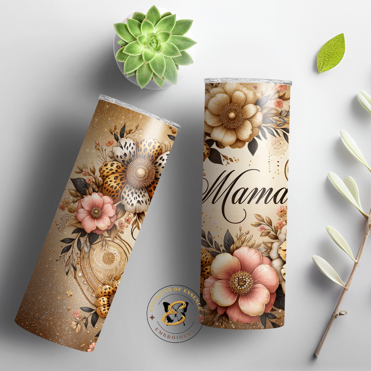 MAMA Themed Animal Print and Pink Floral Design 20oz Skinny Tumblers