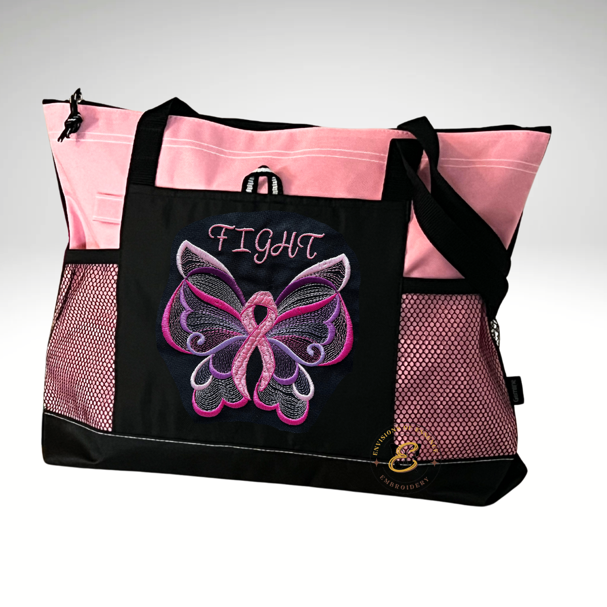 FIGHT Embroidered Pink Ribbon Butterfly Breast Cancer Awareness Large Totes