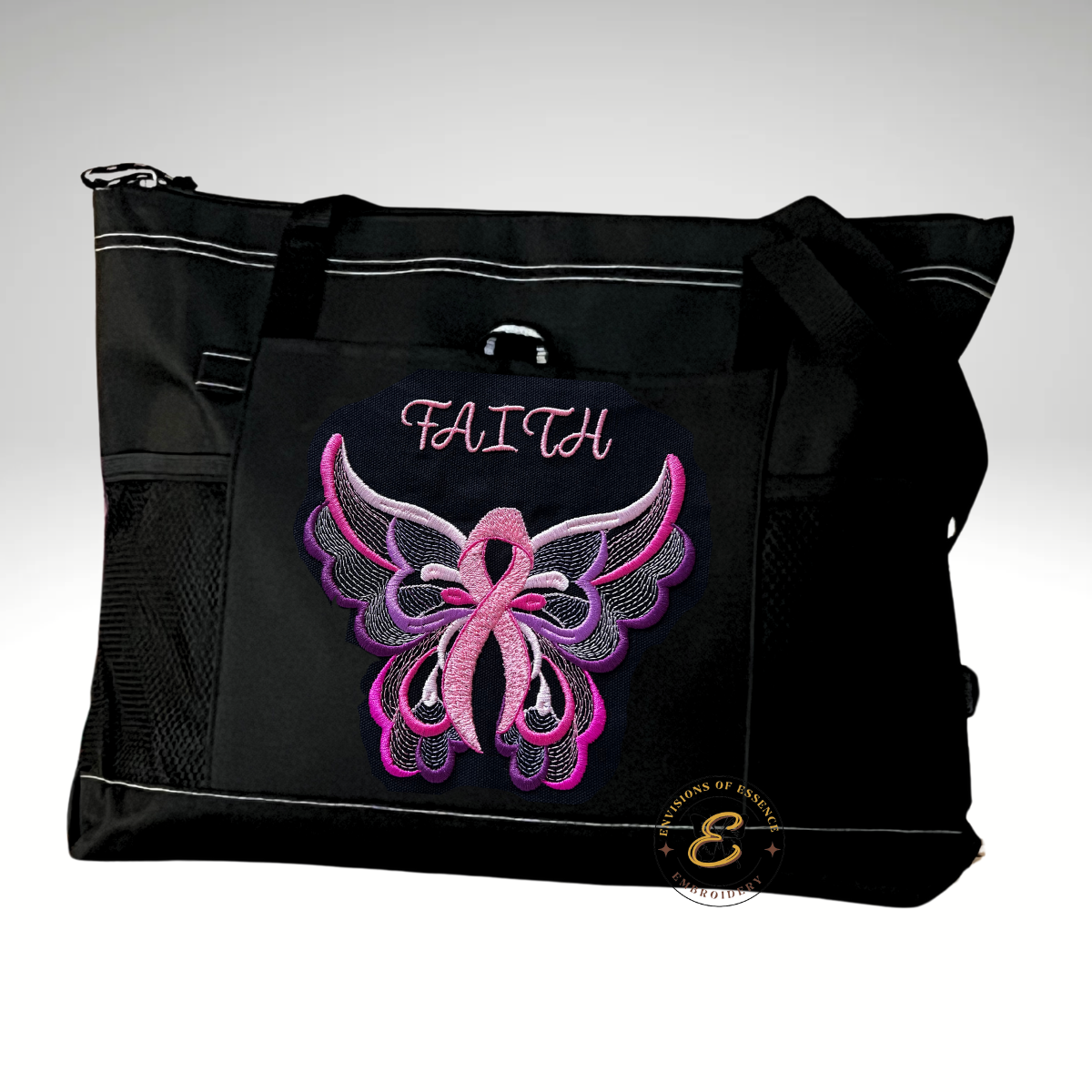 FAITH Embroidered Pink Ribbon Butterfly Breast Cancer Awareness Large Totes