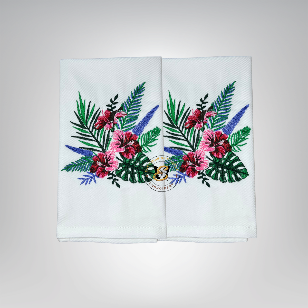 Set of 2 Tropical Floral embroidered linen dinner napkins