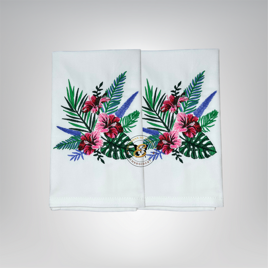 Set of 2 Tropical Floral embroidered linen dinner napkins