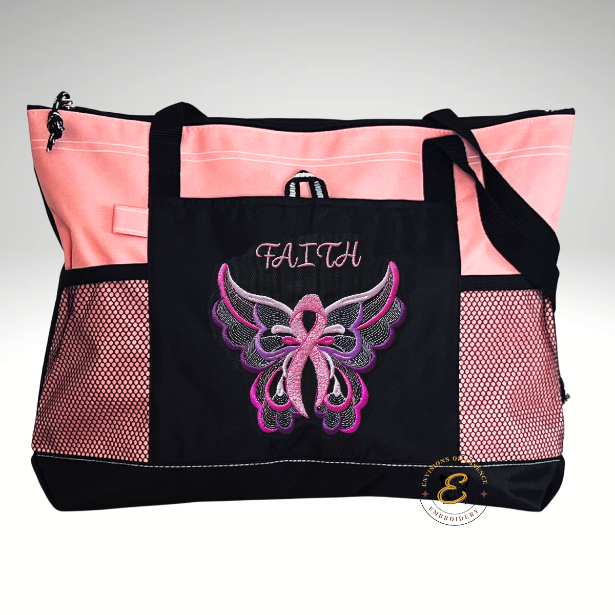 FAITH Embroidered Pink Ribbon Butterfly Breast Cancer Awareness Large Totes