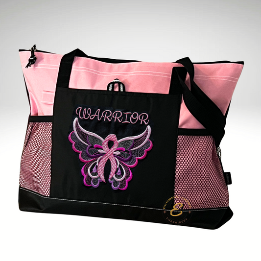 WARRIOR Embroidered Pink Ribbon Butterfly Breast Cancer Awareness Large Totes