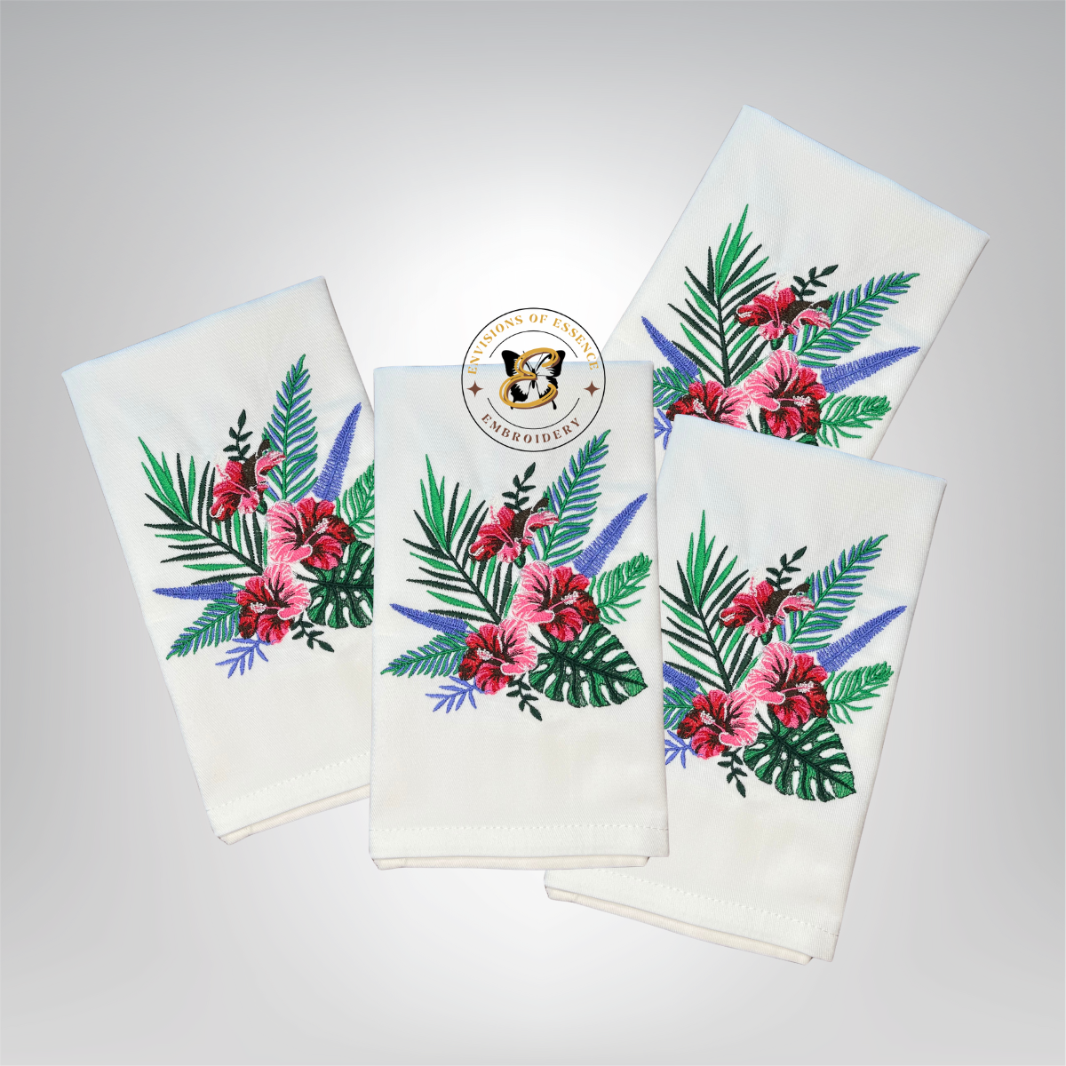 Set of 4 Tropical Floral embroidered linen dinner napkins 