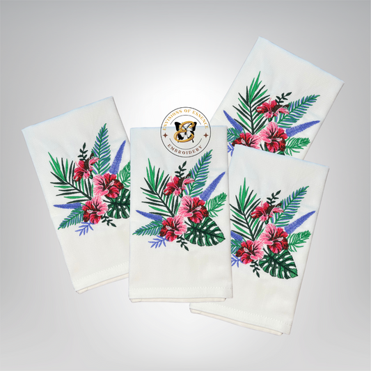 Set of 4 Tropical Floral embroidered linen dinner napkins 