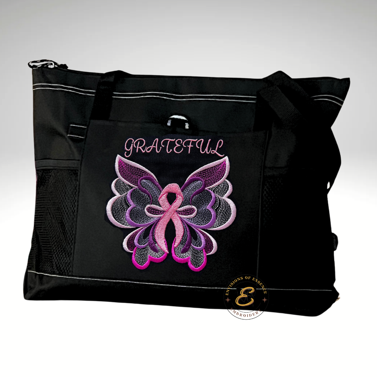 GRATEFUL Embroidered Pink Ribbon Butterfly Breast Cancer Awareness Large Totes