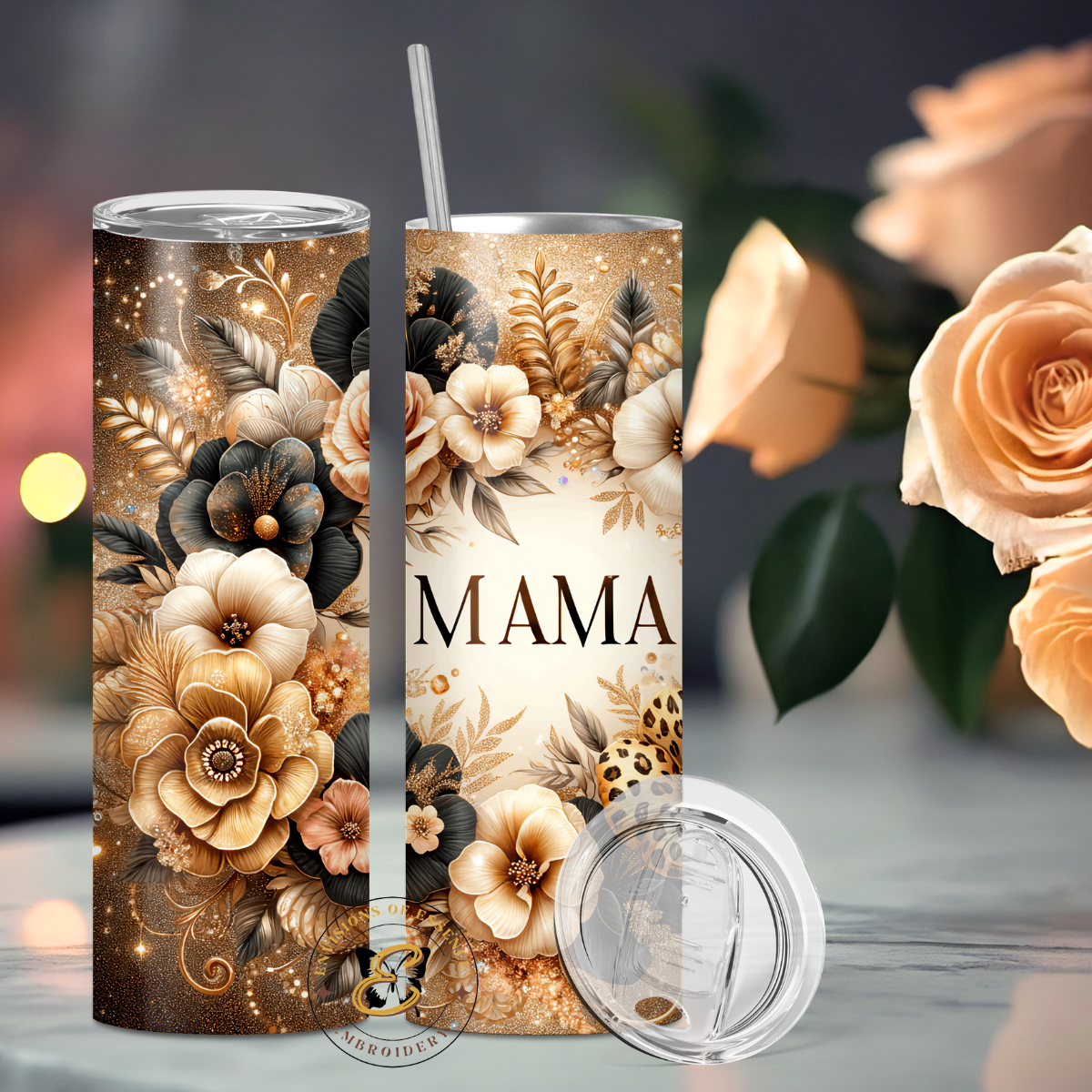 MAMA Themed Animal Print Floral Design Ivory Background 20oz Skinny Tumblers